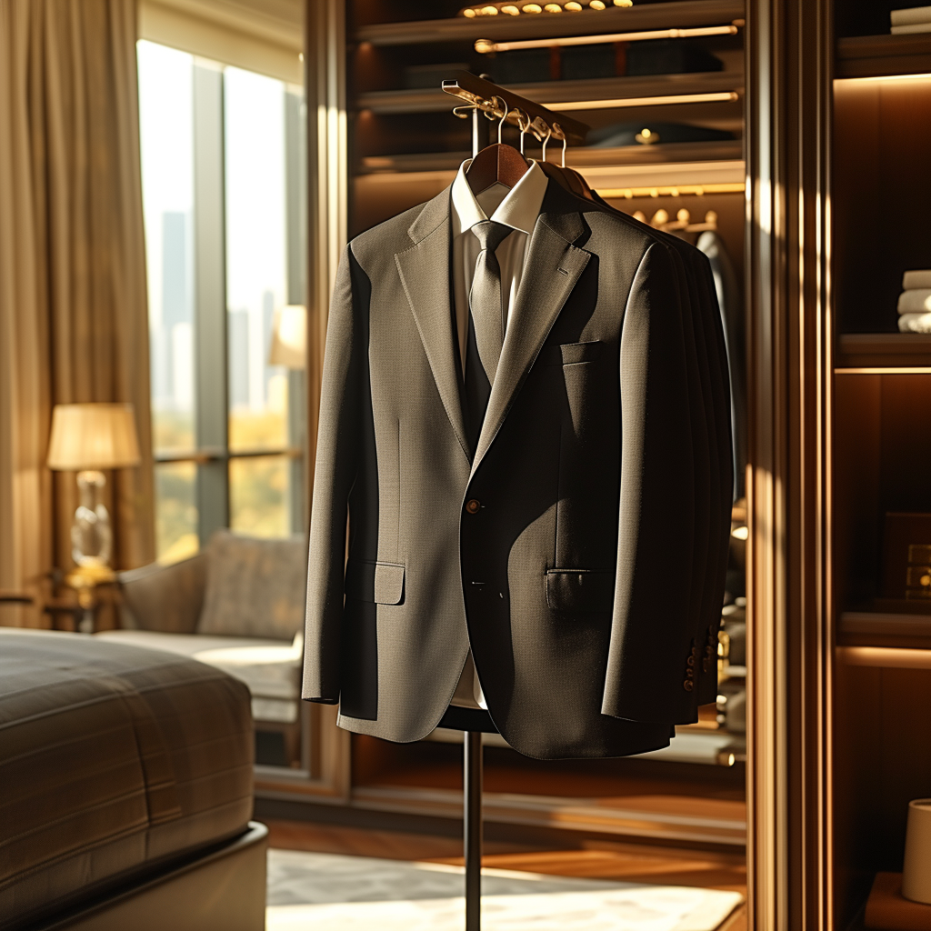 in a bedroom there is a brown blazer hanged on a clothes rack