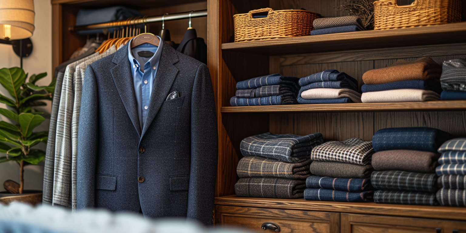 A neatly organized closet featuring a blue blazer hanging on a wooden rack with a blue shirt underneath. Nearby shelves are filled with folded sweaters and patterned shirts, along with woven baskets on the upper shelf.