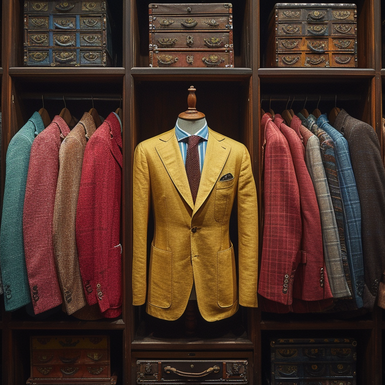 a variety of blazers hangged in clothes racks.