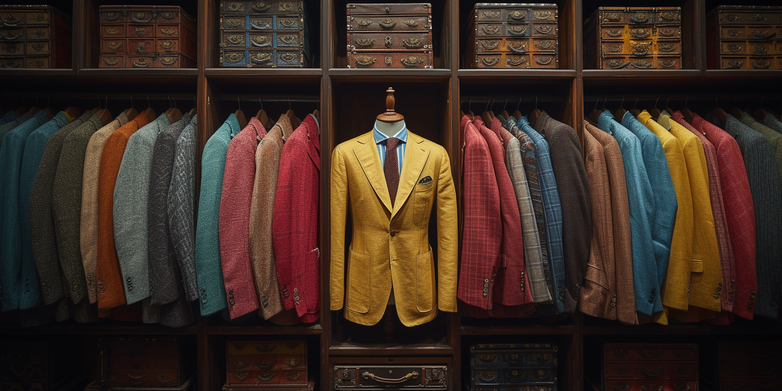 a variety of blazers hangged in clothes racks.