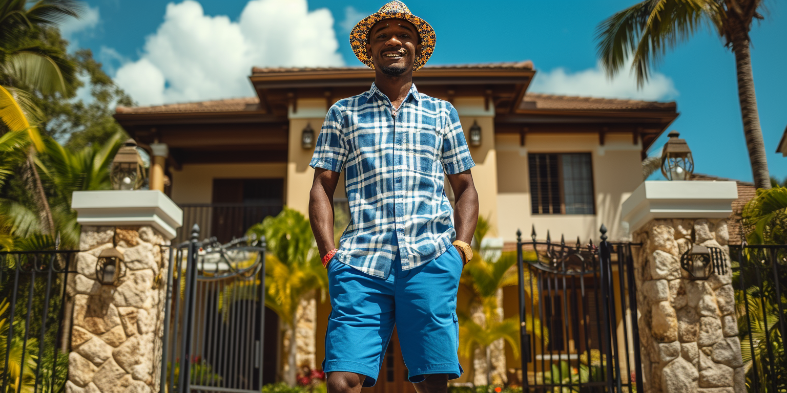 A man wearing a walking suit consisting of a blue checkered shirt and blue shorts, and a straw hat stands confidently in front of a large, luxurious house surrounded by palm trees.