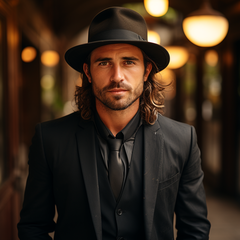 A man wearing a black suit with black shirt and tie. He is also wearing a black fedora.