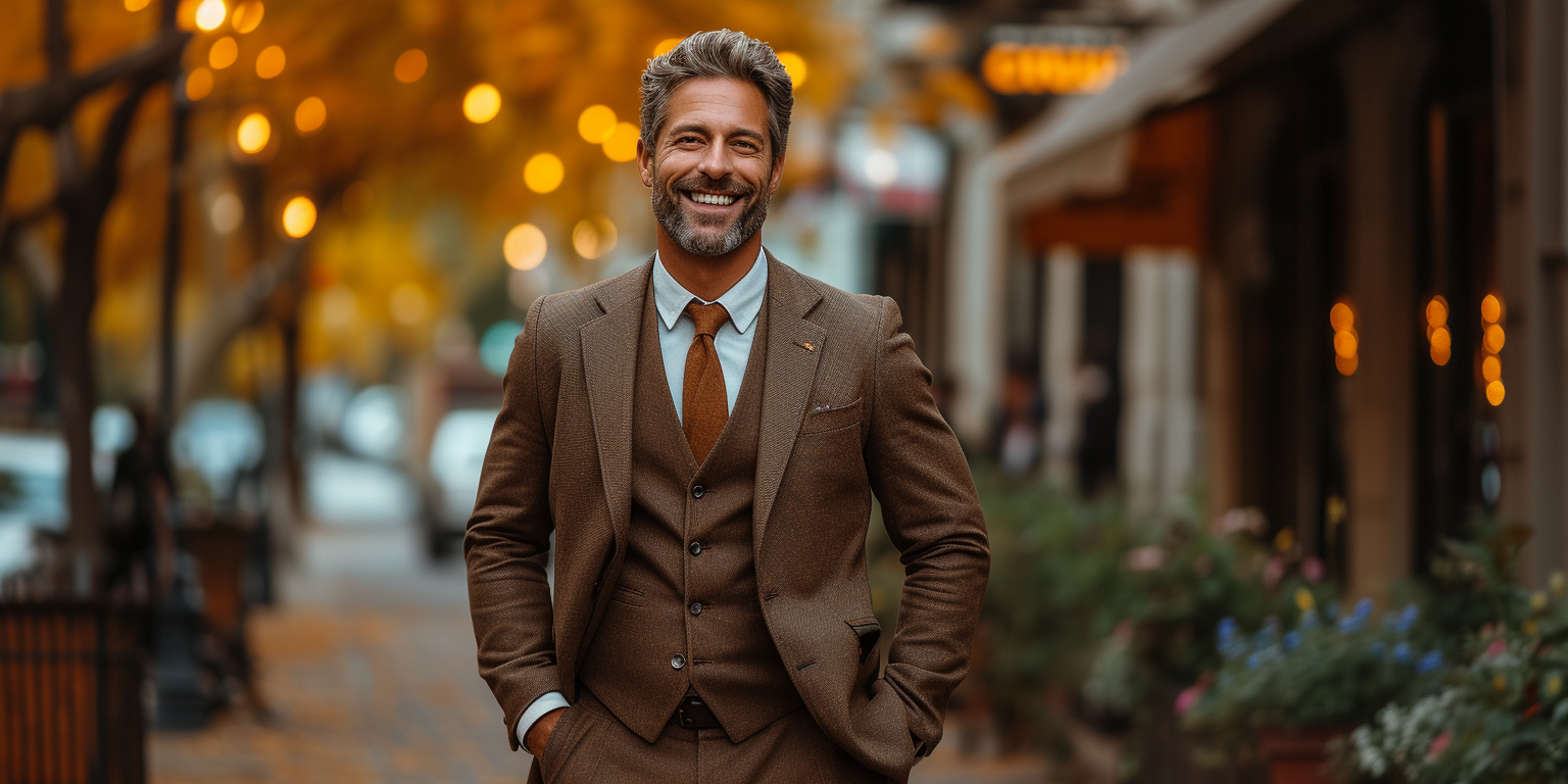 a man standing on a side walk on an autumn day. he is wearing a brown suit with a tie in lighter shade of brown. he is smiling.
