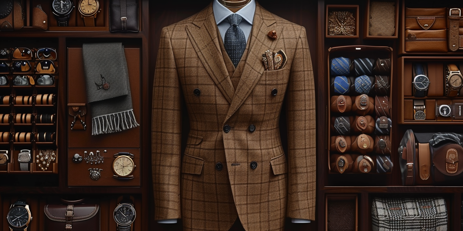a brown suit surrounder by different accessories to match with like watches, belts, ties and scarfs.