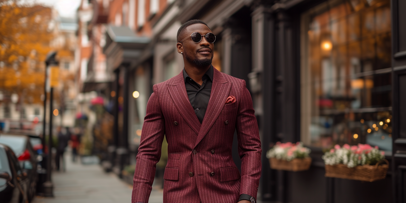 A man walks confidently down a city street. He is wearing a maroon double-breasted suit with pinstripes, a black shirt, and sunglasses. He also has a red pocket square. The background shows shops, plants, and autumn trees.