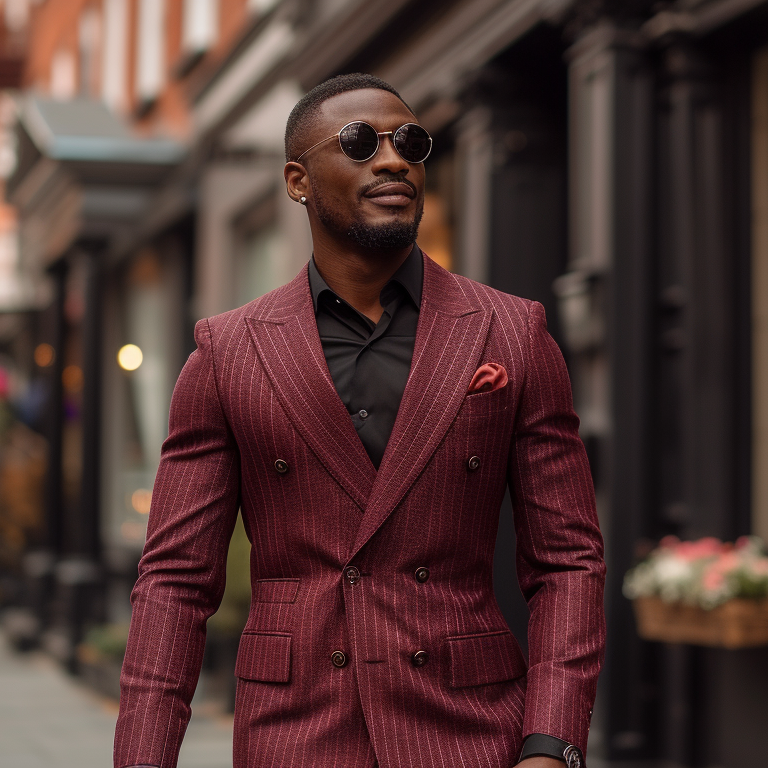 A man walks confidently down a city street. He is wearing a maroon double-breasted suit with pinstripes, a black shirt, and sunglasses. He also has a red pocket square. The background shows shops, plants, and autumn trees.