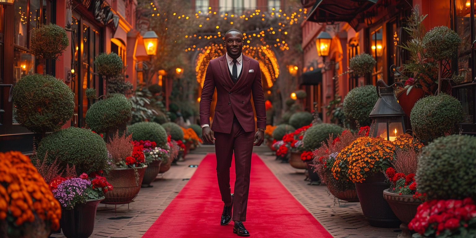 A man in a maroon suit walks down a red carpet in an elegant outdoor setting. The path is lined with vibrant flowers and neatly trimmed bushes. String lights and lanterns illuminate the scene, creating a festive atmosphere.