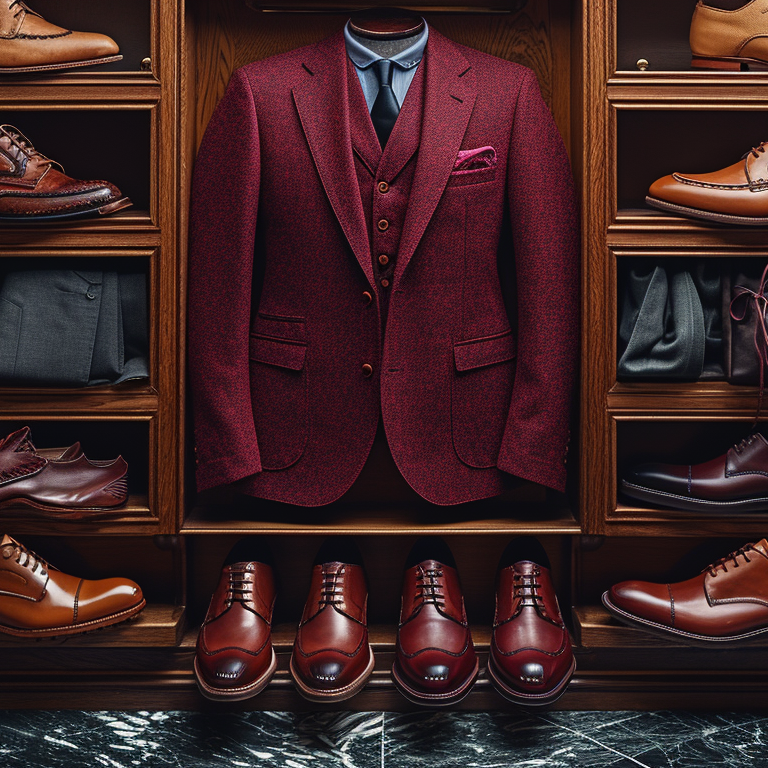 A well-organized closet features a burgundy suit on display in the center, surrounded by various pairs of brown and black dress shoes. The shoes are neatly arranged on wooden shelves, and a few leather bags are also visible.