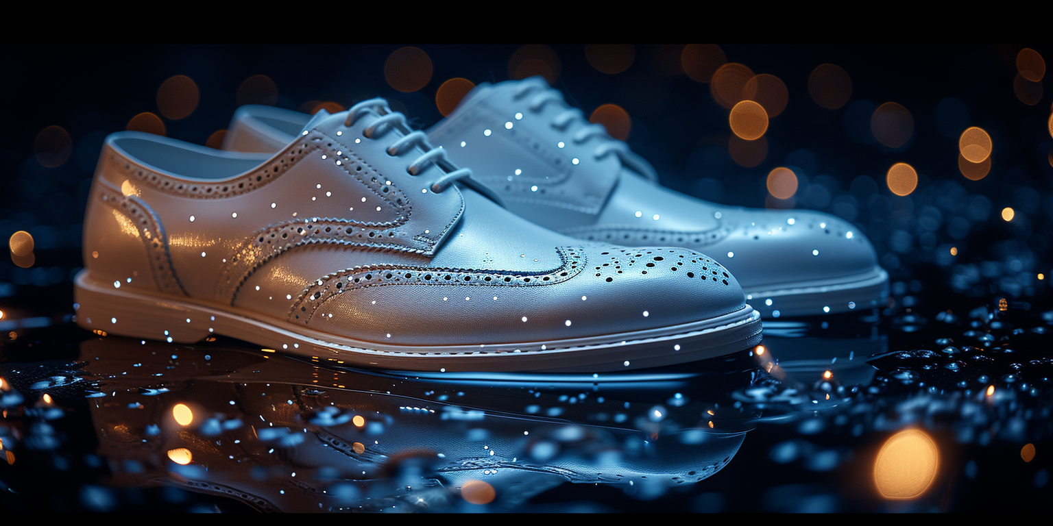 A pair of elegant, white dress shoes with intricate perforations, surrounded by glistening lights and reflections on a dark surface.