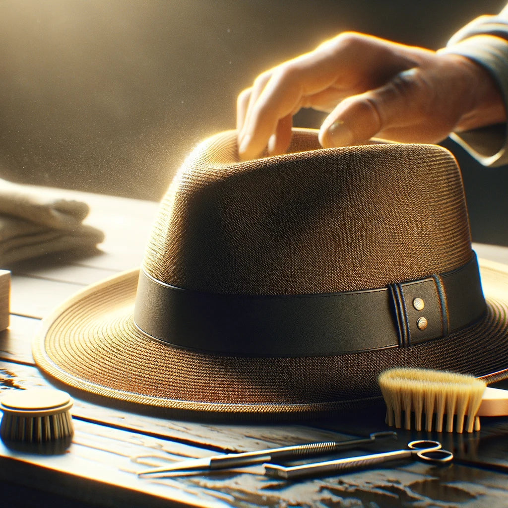 a fedora and a brush on top of a table.