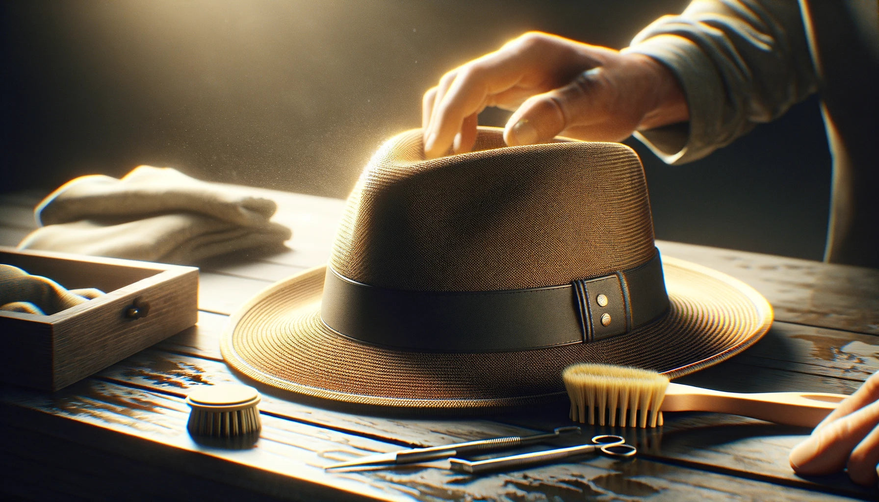 a fedora and a brush on top of a table.