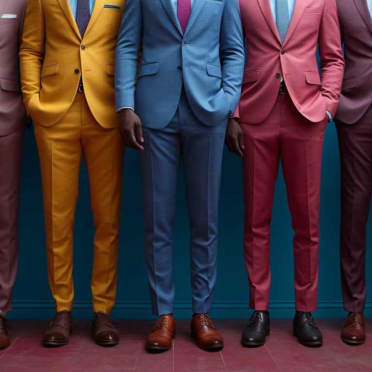 A row of men stand side by side, each wearing a brightly colored suit. The suits are in various shades, including red, pink, yellow, blue, and maroon. The men have their hands in their pockets and wear matching ties and dress shoes.