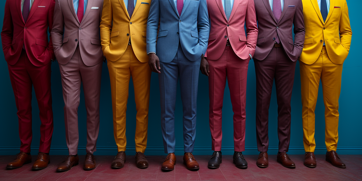 A row of men stand side by side, each wearing a brightly colored suit. The suits are in various shades, including red, pink, yellow, blue, and maroon. The men have their hands in their pockets and wear matching ties and dress shoes.