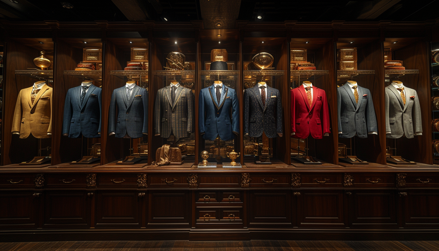 A display of nine mannequins dressed in various suits is arranged in a wooden cabinet. The suits are in different colors, including blue, grey, red, and beige. Shelves above and below the suits hold decorative items and accessories.