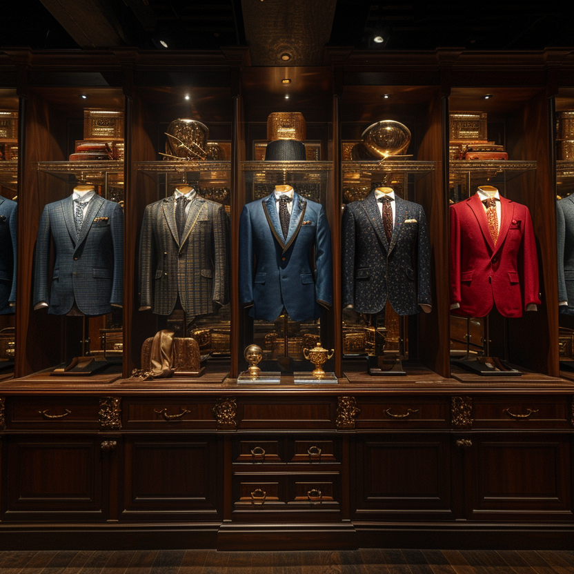 A display of nine mannequins dressed in various suits is arranged in a wooden cabinet. The suits are in different colors, including blue, grey, red, and beige. Shelves above and below the suits hold decorative items and accessories.