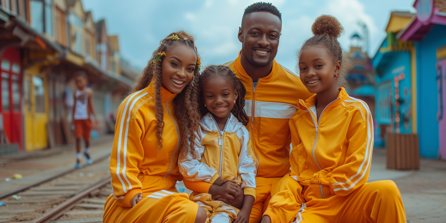 Family of four dressed in coordinating yellow tracksuits with white stripes, sitting. The parents and two daughters are smiling, surrounded by colorful buildings, creating a cheerful and lively atmosphere.