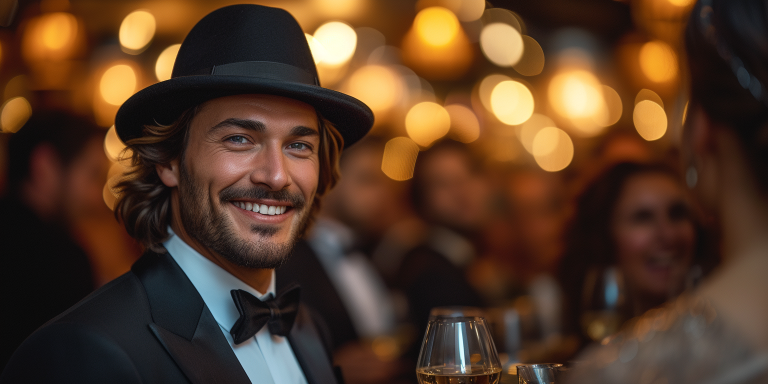 a man smiling. he is wearing a black suit with a bow tie and a black fedora.