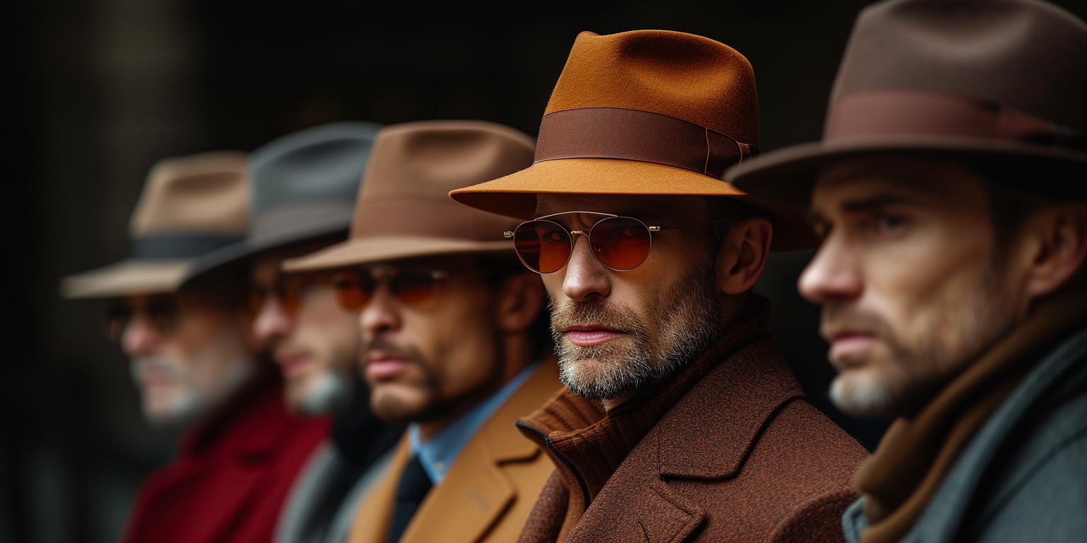 A group of men standing in a line, all wearing stylish felt fedoras and coats. The man in the foreground is wearing a brown fedora and tinted glasses, looking directly at the camera with a serious expression.