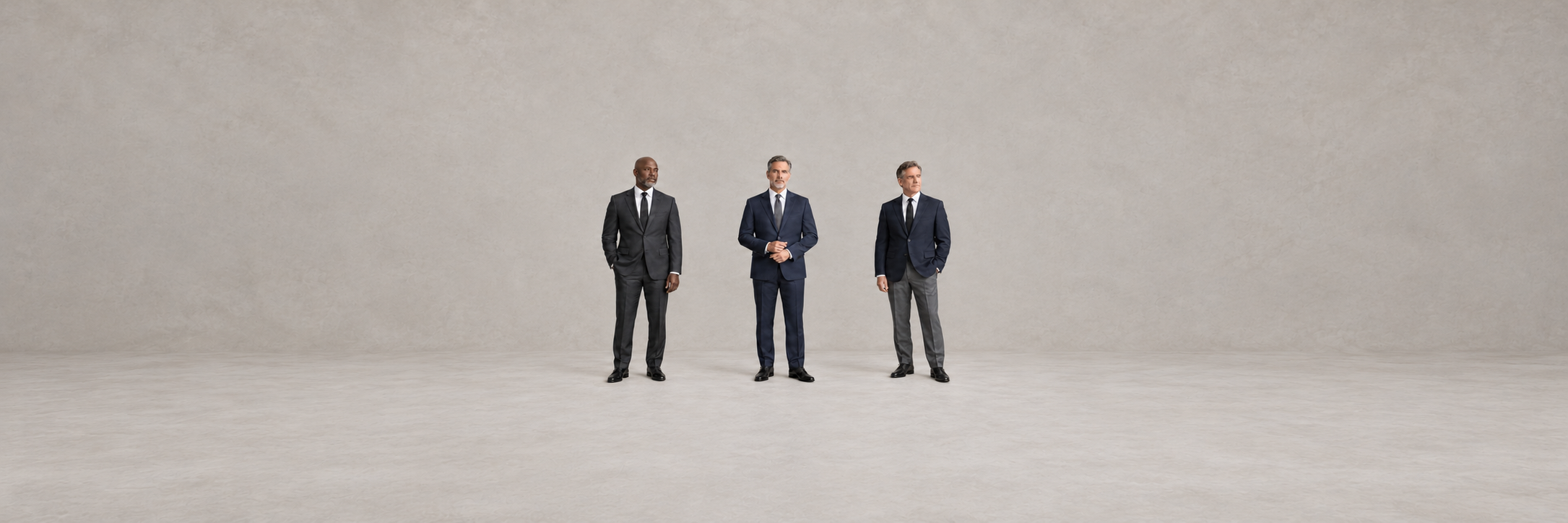 Three men in charcoal and navy suits and a navy blazer with charcoal trousers, white shirts, dark ties, and black dress shoes.
