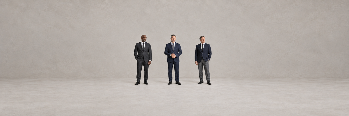 Three men in charcoal and navy suits and a navy blazer with charcoal trousers, white shirts, dark ties, and black dress shoes.
