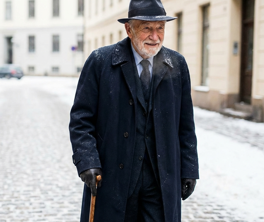 an old classy man wearing a long navy gabardine duster coat walking in the snow