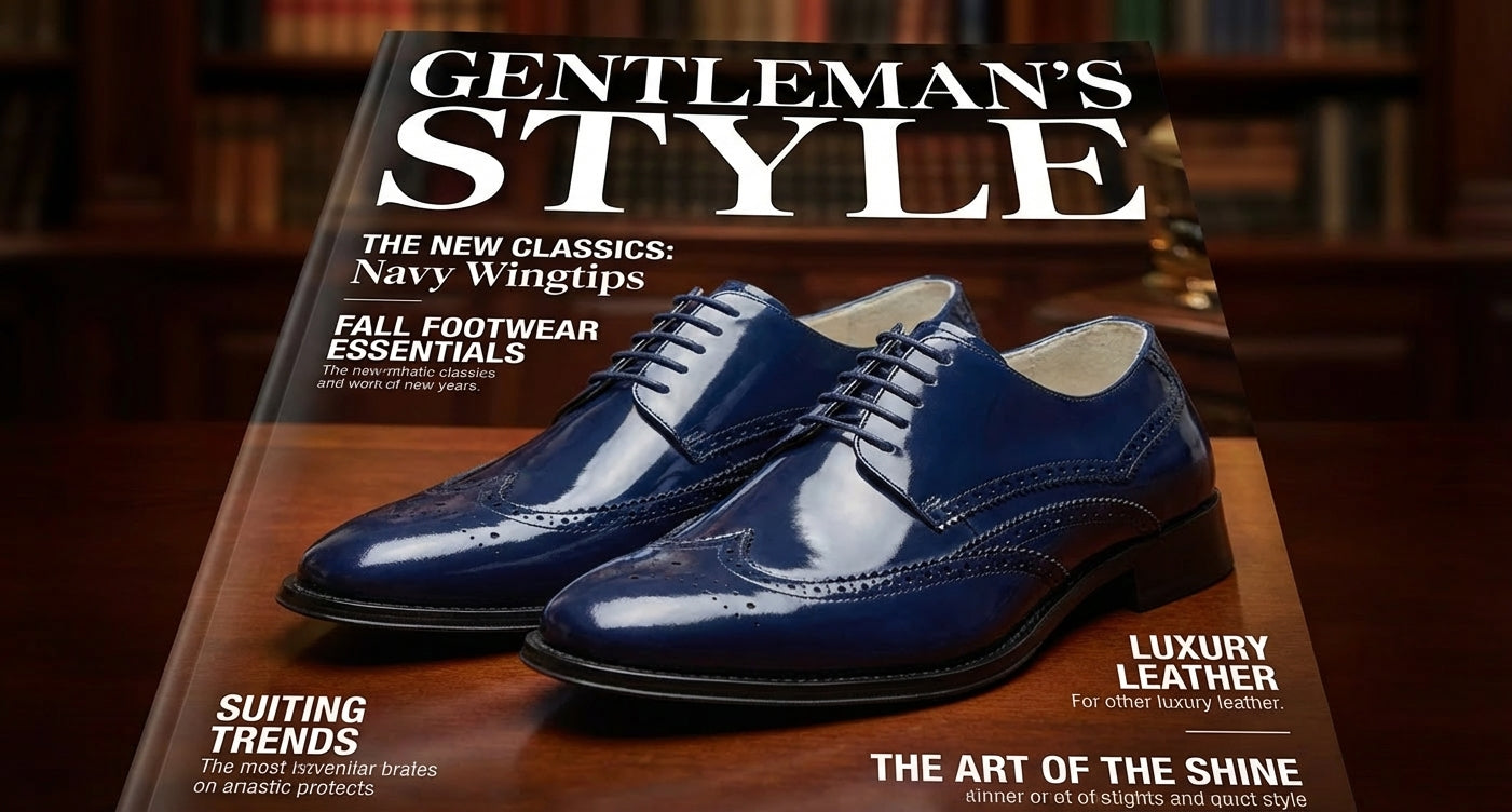navy shoes as a pair on the cover of a magazine for men's fashion