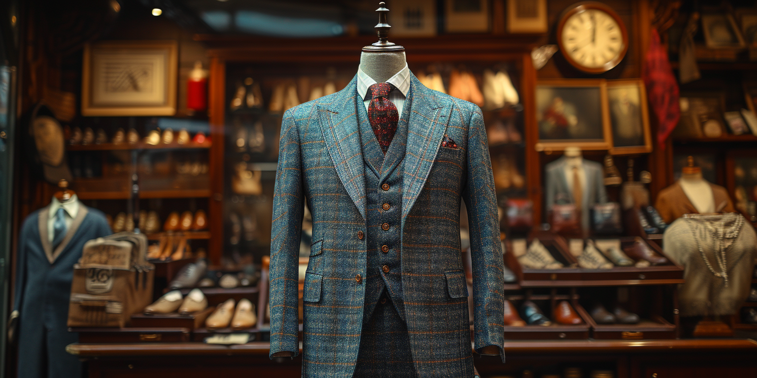A well-tailored three-piece glen plaid suit is displayed on a mannequin in a classic, elegant store. The background shows shelves of shoes and various items.