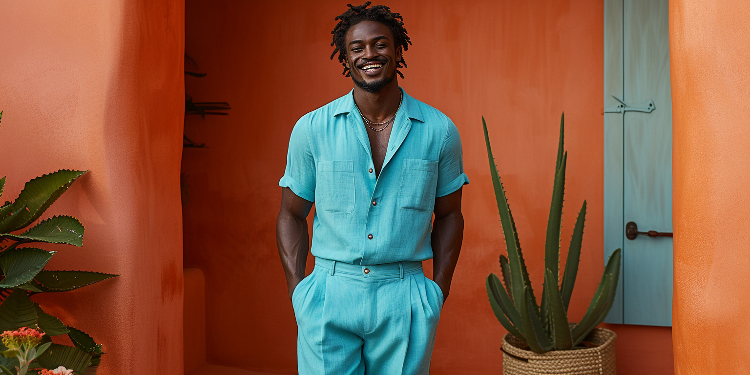 a man wearing a teal walking suit.