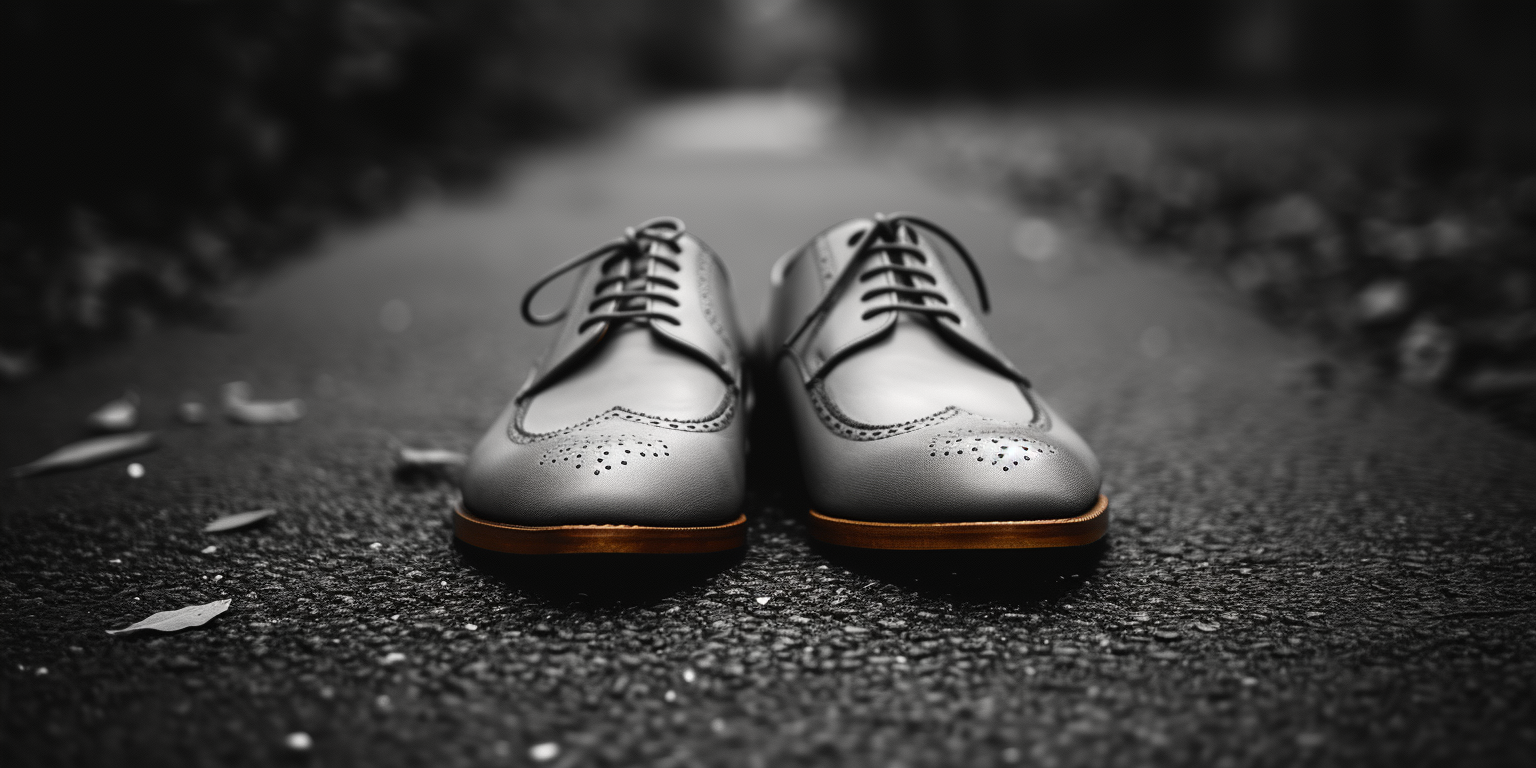 A pair of polished grey dress shoes is placed on a dark, textured surface. The shoes are the focus of the image. The shoes have detailed perforations, and their soles are highlighted in a warm color.