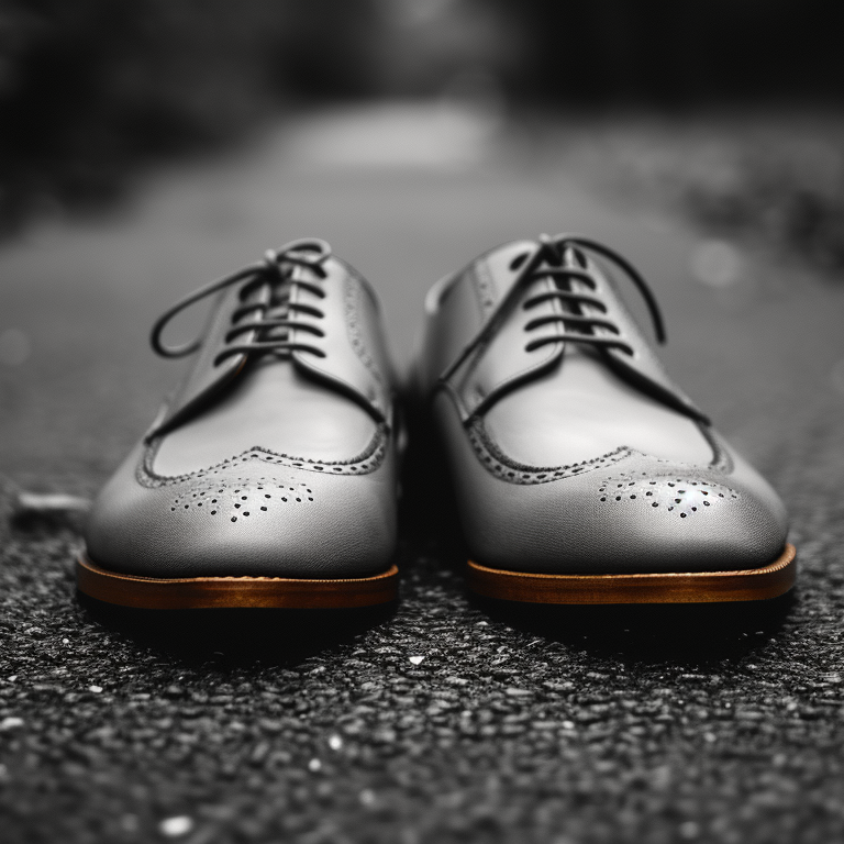 A pair of polished grey dress shoes is placed on a dark, textured surface. The shoes are the focus of the image. The shoes have detailed perforations, and their soles are highlighted in a warm color.