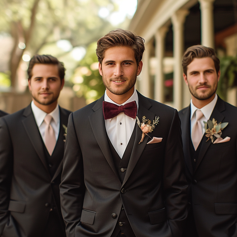 A groom and his four groomsmen stand together outside. They are all wearing black suits with white shirts and light-colored ties. The groom is in the center, wearing a bow tie and a boutonniere. The background features trees and a building with a porch.