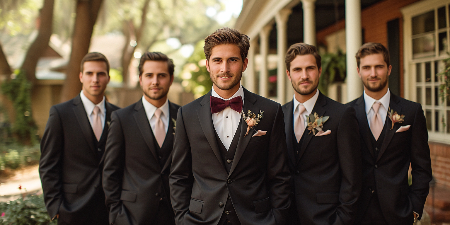 A groom and his four groomsmen stand together outside. They are all wearing black suits with white shirts and light-colored ties. The groom is in the center, wearing a bow tie and a boutonniere. The background features trees and a building with a porch.