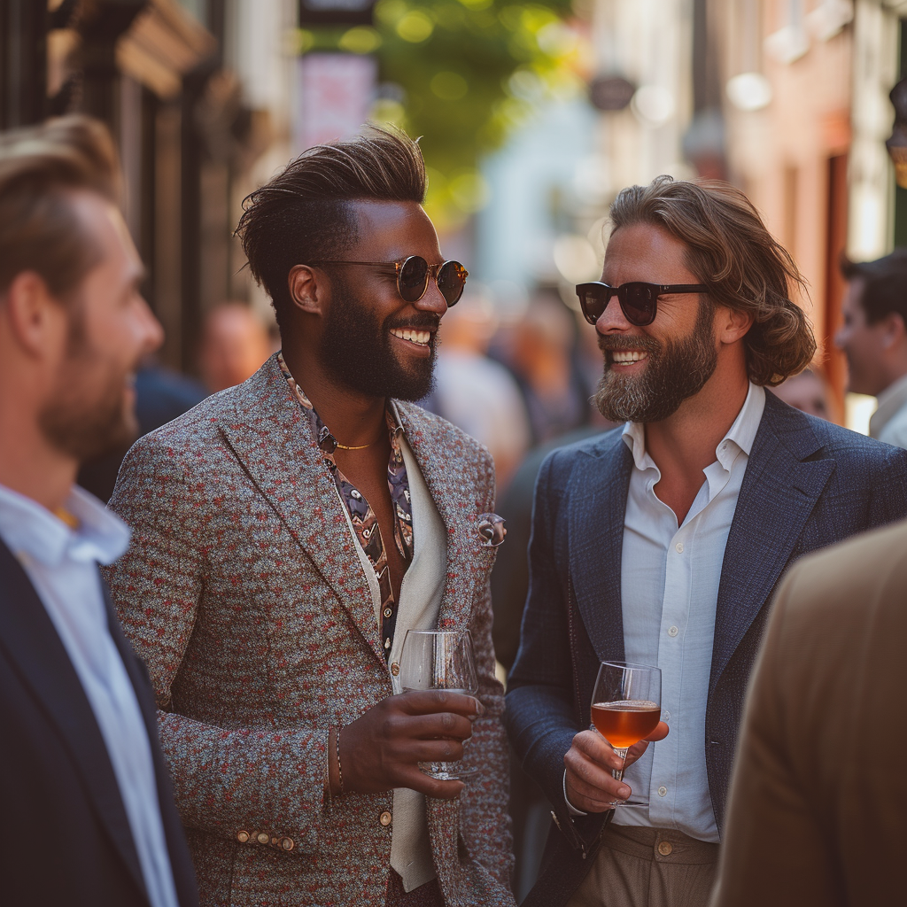 some man talking to each other and smiling. they are well dressed, one of them is wearing a patterned blazer and white shirt, and another one is wearing a navy blazer.