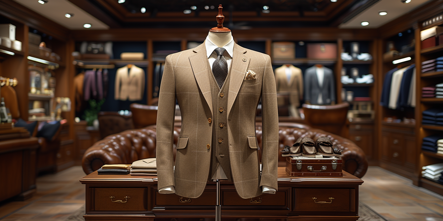A tan three-piece suit is displayed on a mannequin in an elegant, wood-paneled clothing store. The background features various suits and garments neatly arranged on shelves and racks.