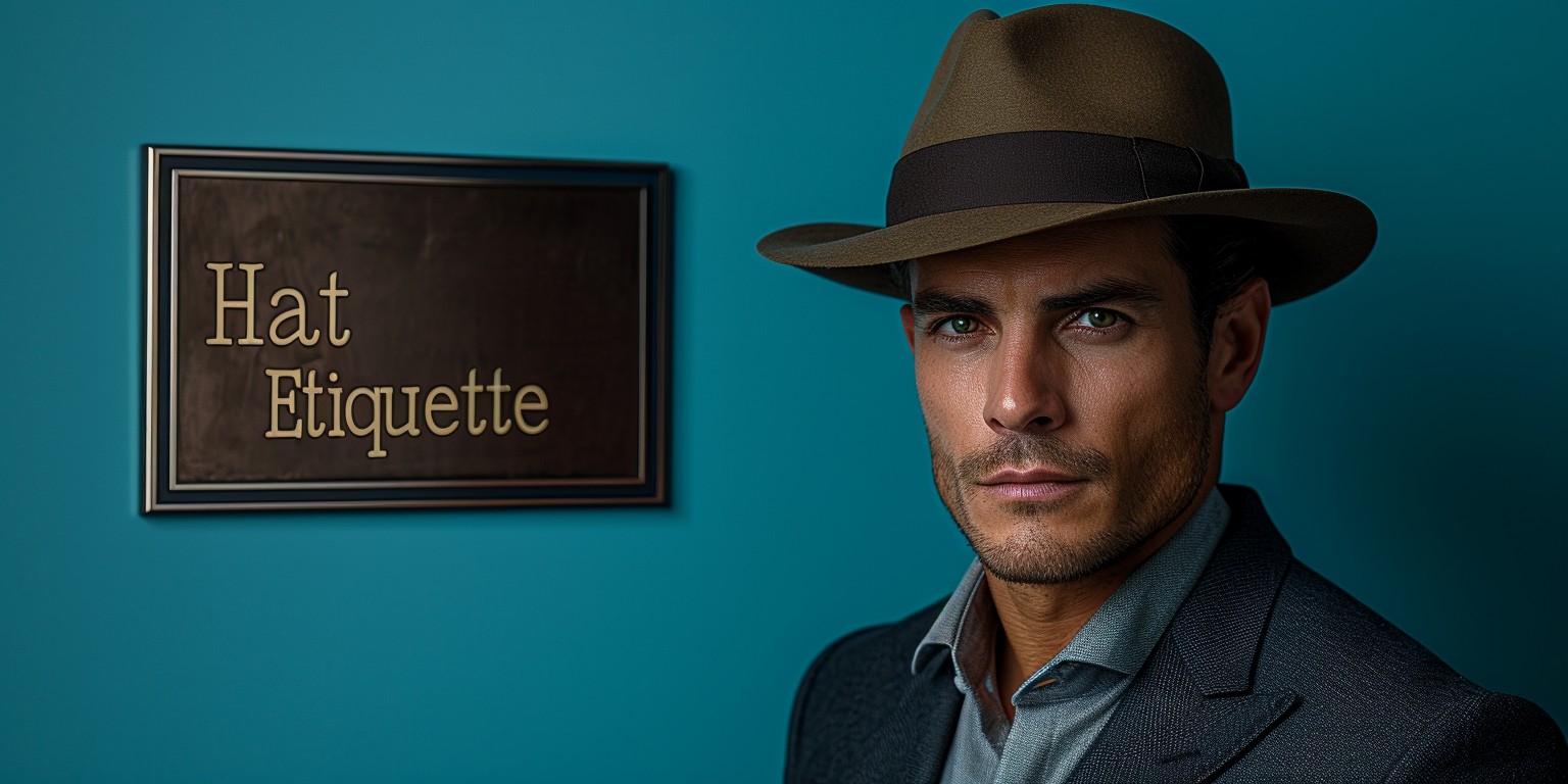 a man wearing a hat with a sign behind him that says "hat etiquette"