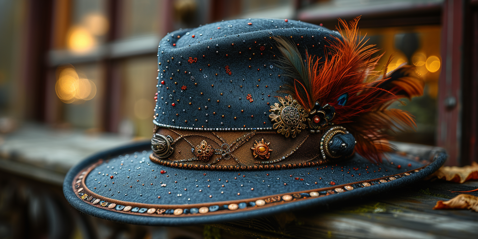a navy fedora with a band, a few pins and red feathers.