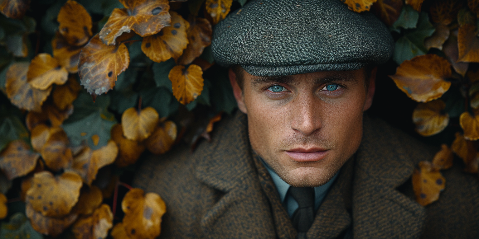 A man with bright blue eyes wears a brown tweed coat and a matching ivy cap. He stands amidst autumn leaves, with a serious expression on his face.