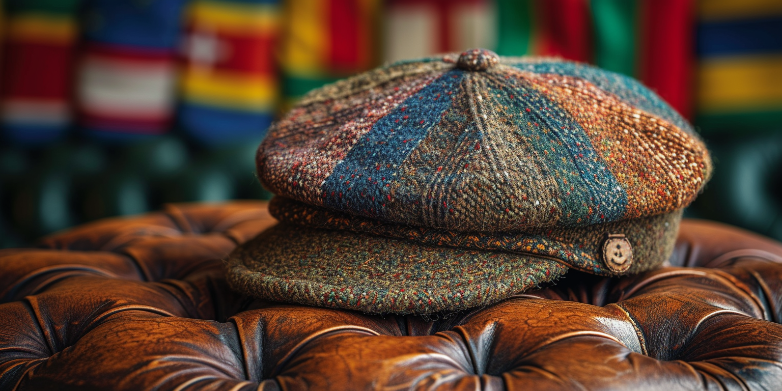A multi-colored patchwork ivy cap rests on a brown leather tufted surface. The background features blurred colorful patterns, adding to the cozy, vintage atmosphere.
