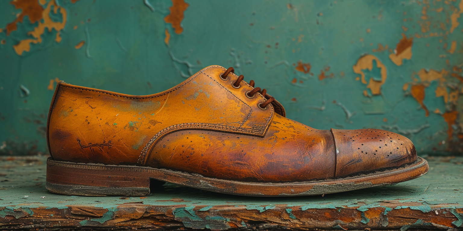 a lace-up shoe in bad condition.