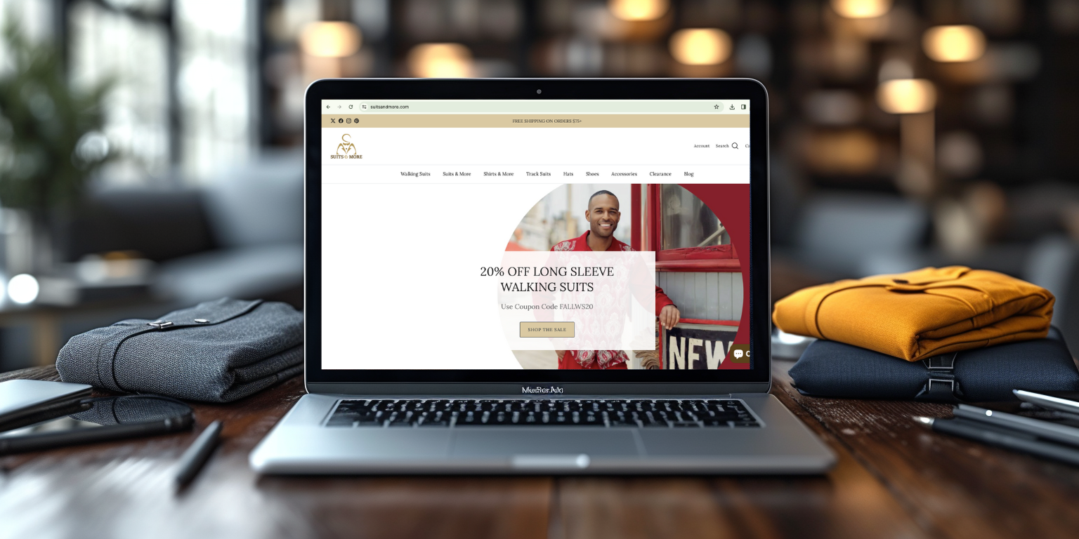 a laptop on a table, showing the suits & more website.