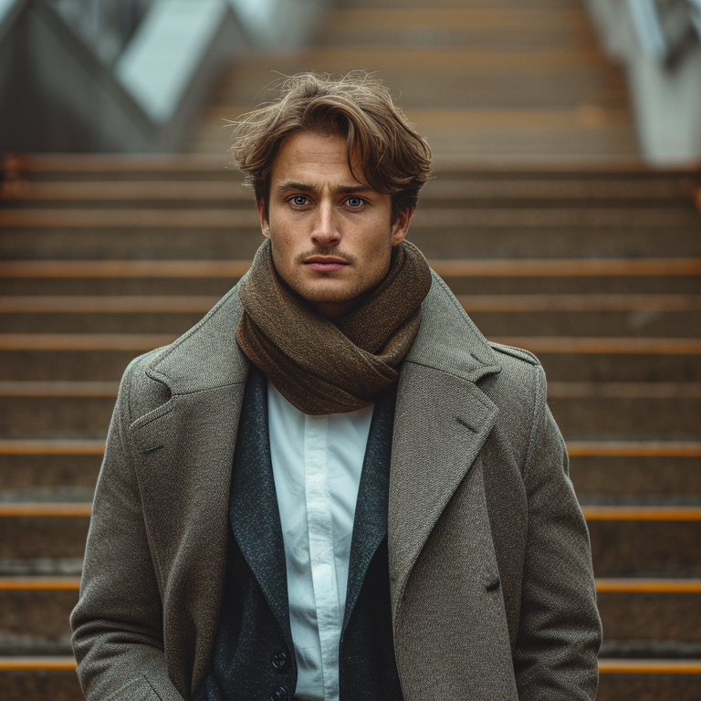 A man stands at the bottom of a staircase outdoors. He is wearing a grey coat, a white shirt, and a brown scarf. His expression is serious, and his hair is slightly tousled. The background shows the steps and metal railings.