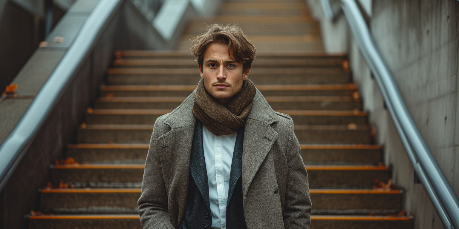 A man stands at the bottom of a staircase outdoors. He is wearing a grey coat, a white shirt, and a brown scarf. His expression is serious, and his hair is slightly tousled. The background shows the steps and metal railings.
