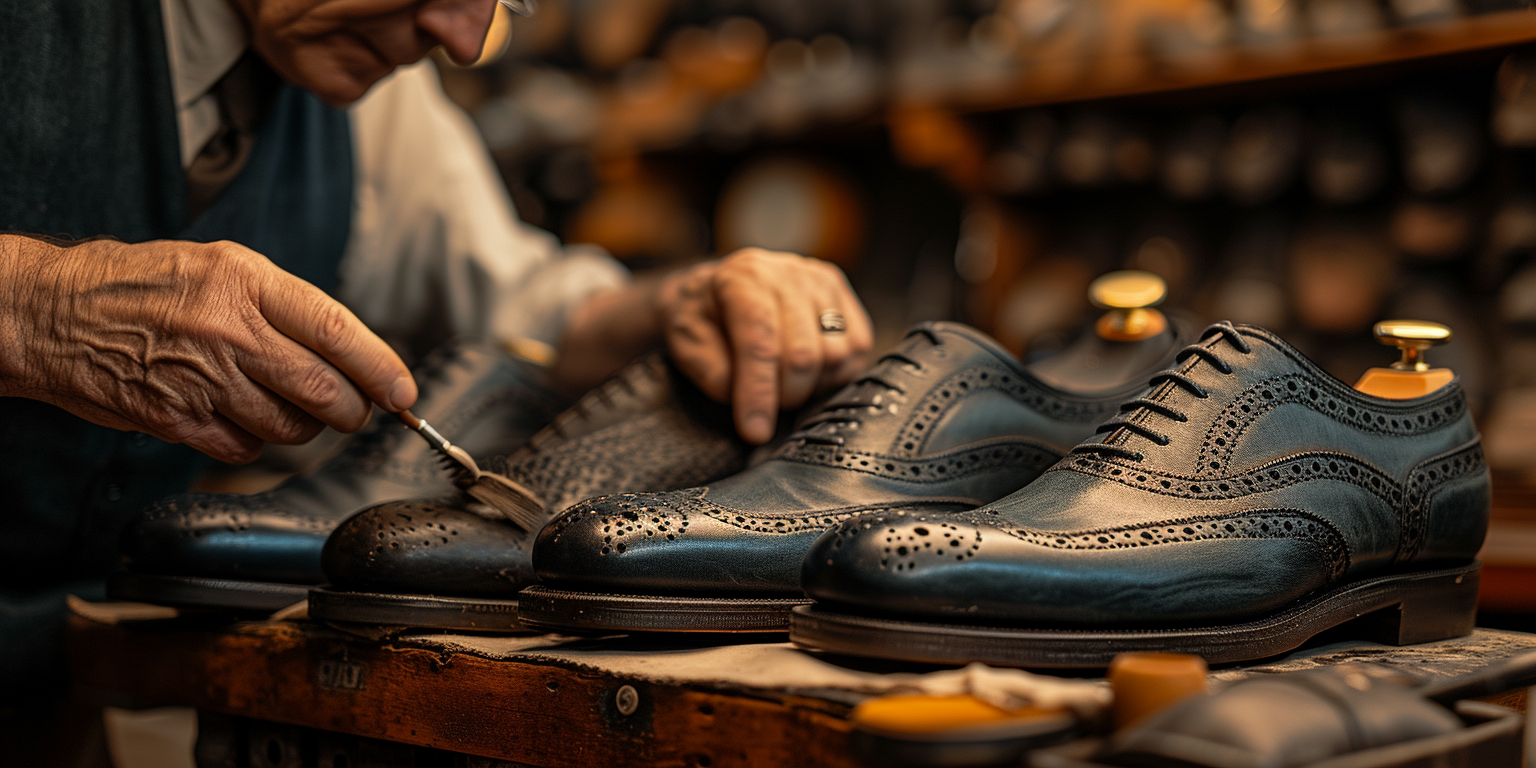 a shoemaker polishing leather shoes