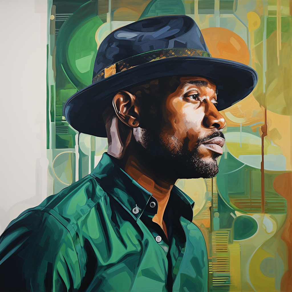 Painting of a man wearing a dark hat and a green walking suit. He is looking to the side. The background has bright and colorful shapes.