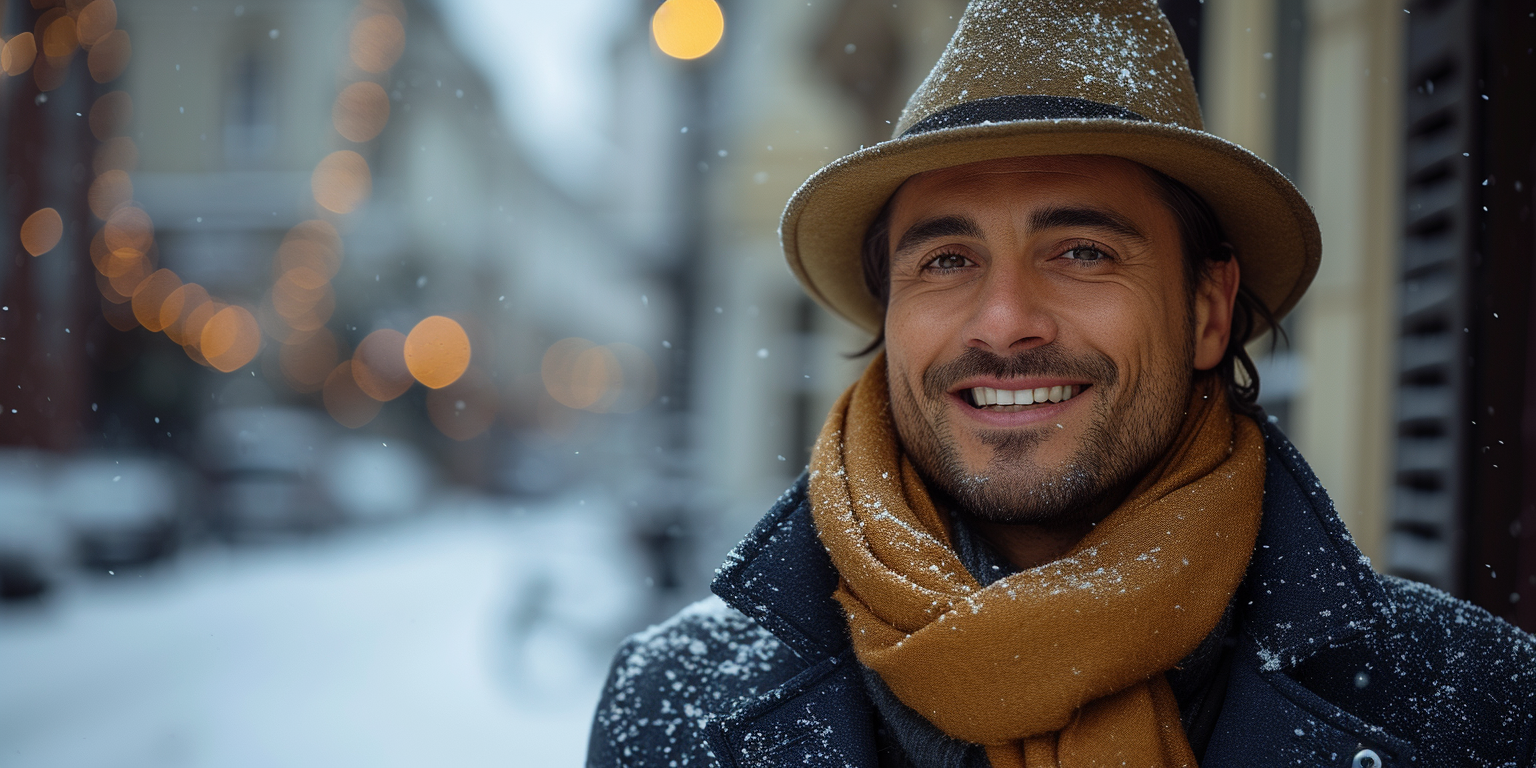 A man with a felt hat and a cozy scarf smiles warmly as snow falls around him on a city street.