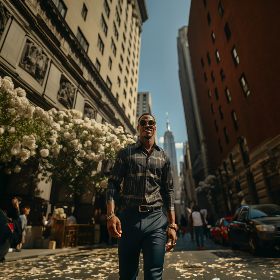 A man walks down a city street between tall buildings. He is wearing sunglasses and a walking suit consisting of a dark plaid shirt and dark pants. The street is lined with blooming trees and scattered petals. 