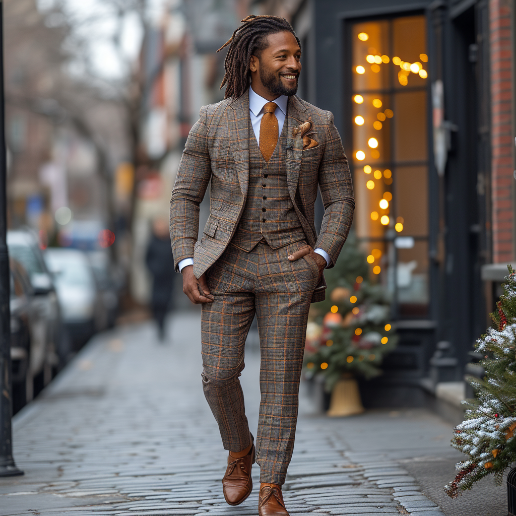 A stylish man with long dreadlocks and a beard smiles as he walks on a cobblestone street. He is dressed in a brown glen plaid suit, orange tie, and brown shoes. The background features city buildings.