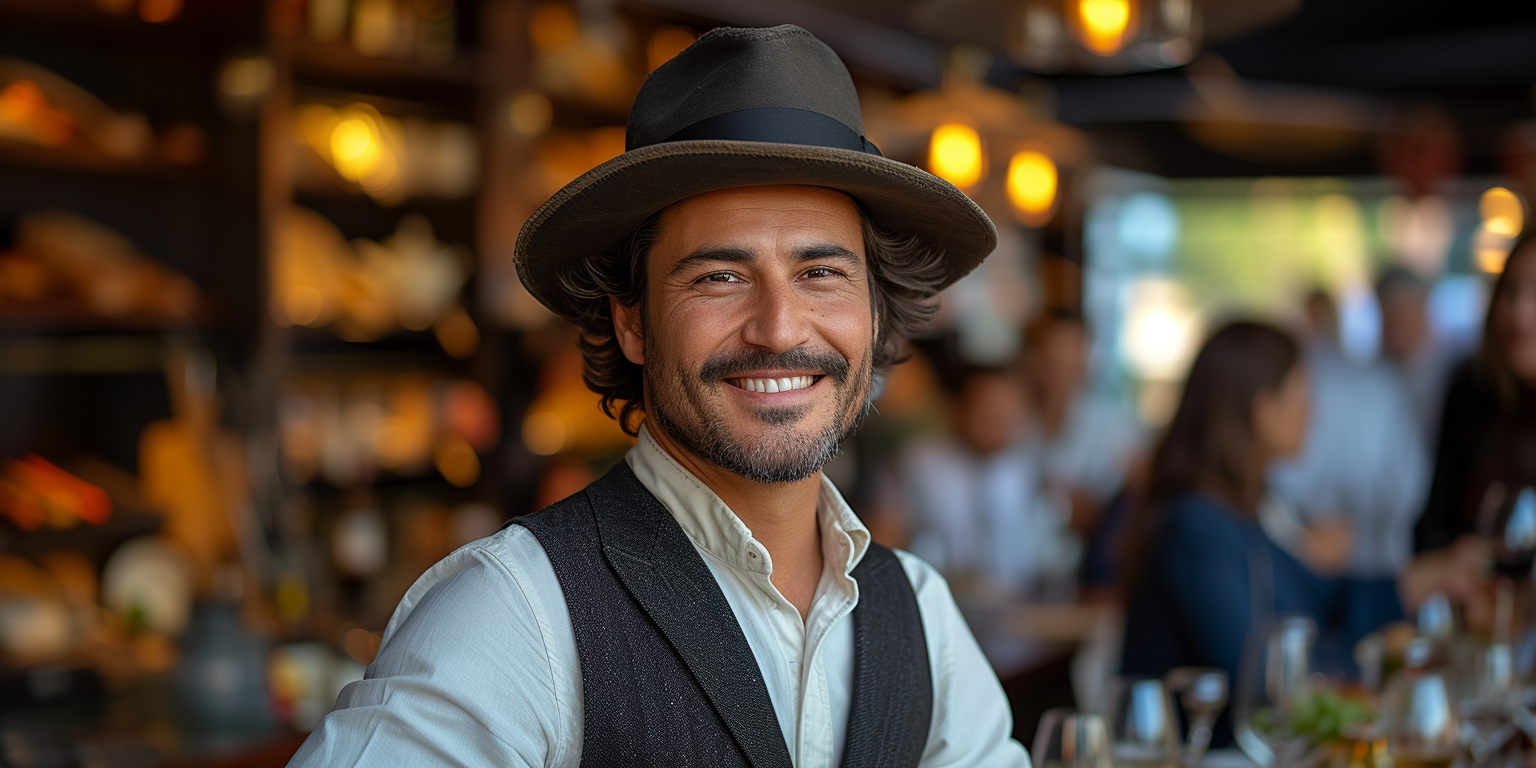 a man sitting on a bar wearing a black fedora.