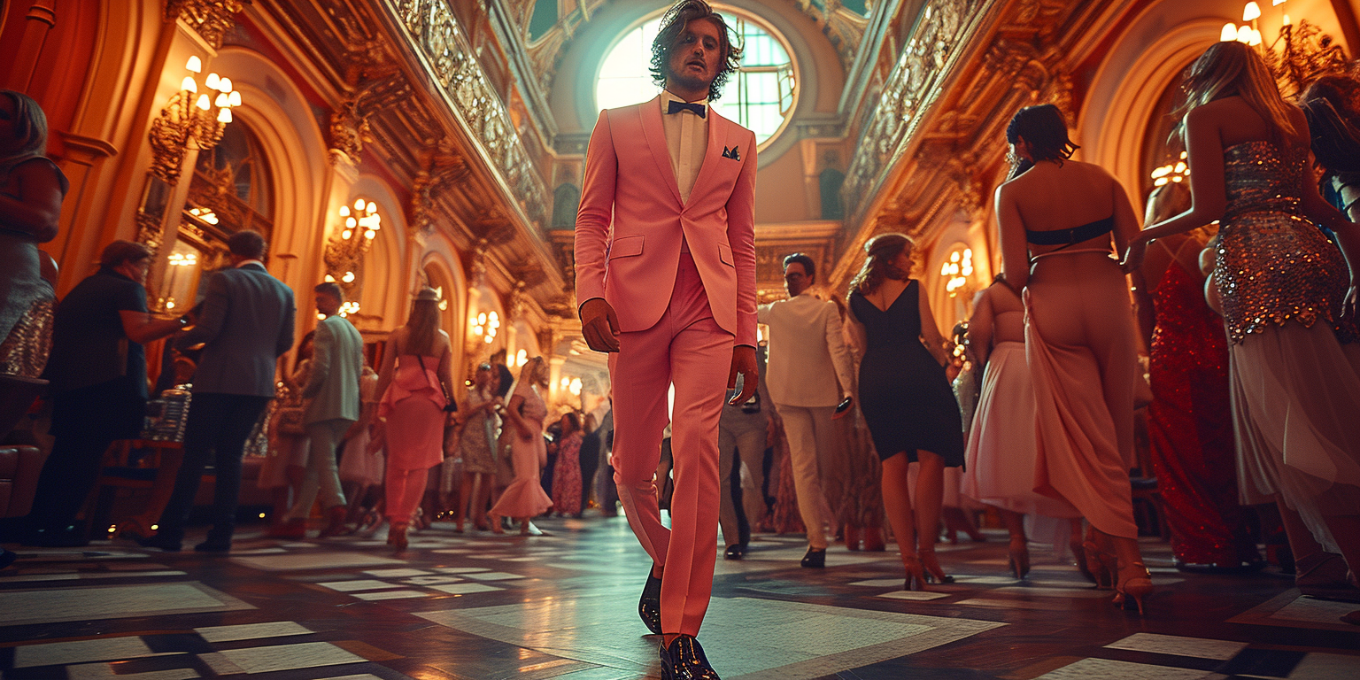 A man in a ballroom event wearing a pink suit.