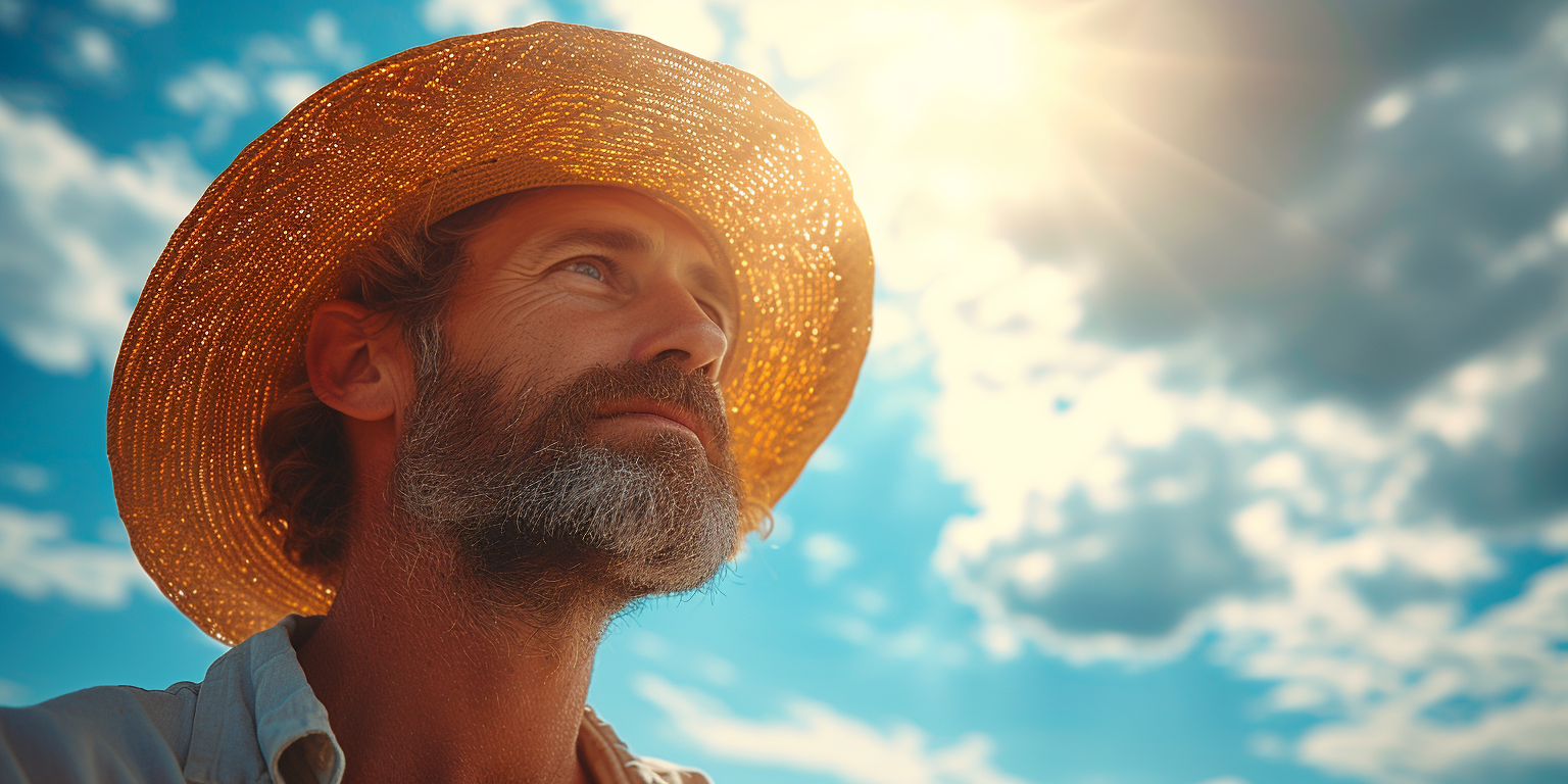 A bearded man in a straw hat gazes thoughtfully at the bright sky filled with clouds.